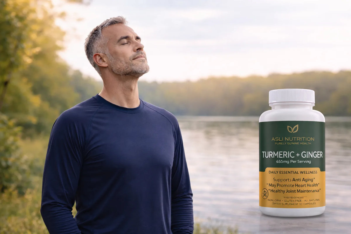 Man outdoors beside Asli Nutrition Turmeric + Ginger supplement bottle
